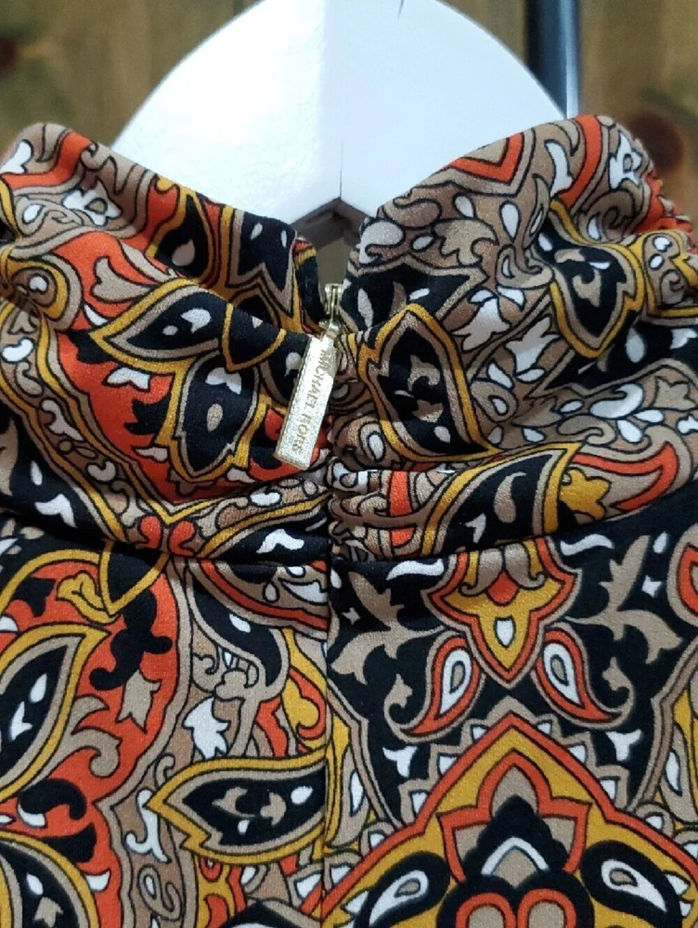 Michael Kors Sleeveless Paisley Mock Neck Top in Orange, Black and Cream